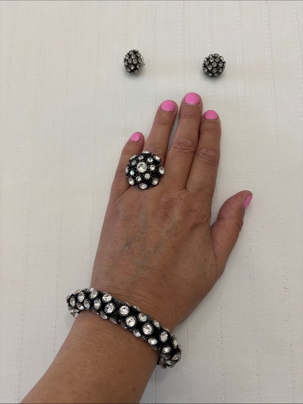 Crystal Cluster Bracelet and Ring Set - Black and Silver